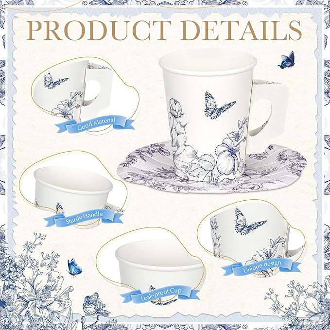 Vesici 150 Pcs Floral Tea Party Decorations for Table 9 oz Disposable Paper Tea Cups with Handles Plates, Saucers and Napkins Set for Spring Party Girl Birthday Wedding Mothers Day(Charming Style)