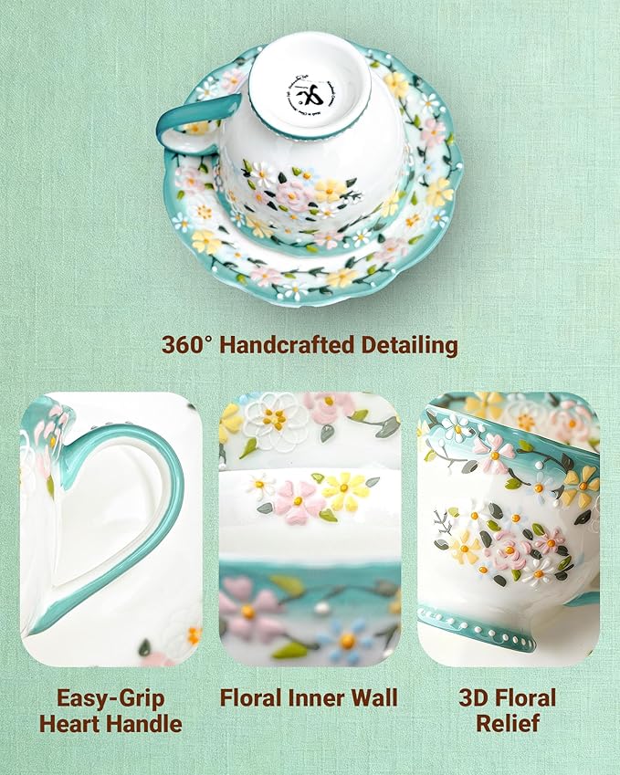 Exquisite Bone China Tea Cups and Saucer Set – Elegant Porcelain Tea Cups, Beautifully Detailed for Tea Lovers, Gift-Ready for Christmas, Hostess, Holiday Gift & Fall Decor