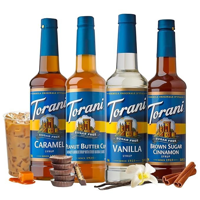 Torani Sugar Free Flavored Drink Syrup Coffee Favorites Variety Pack, Caramel, Peanut Butter Cup, Vanilla & Brown Sugar Cinnamon, 25.4 fl oz (Set of 4)