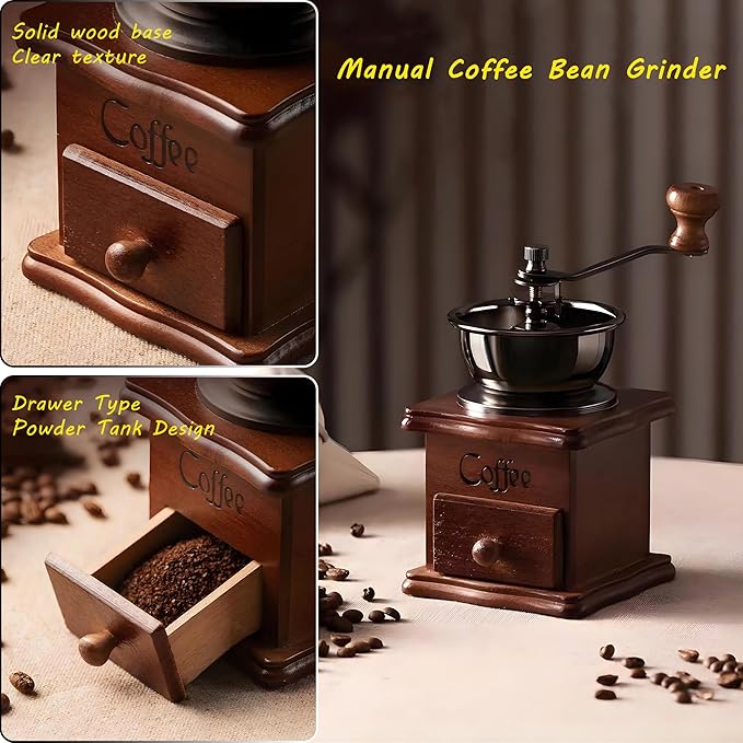 Portable Manual Coffee Grinder, Vintage Solid Wood Coffee Mill with Precision Adjustable Gear & Flavor-Preserving Ceramic Conical Burr, Hand Grinder for Home & Travel