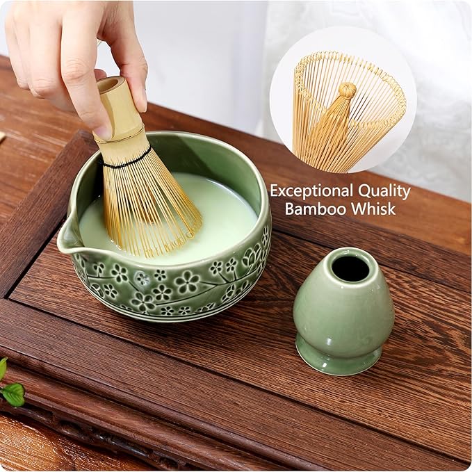 7 Pcs Matcha Whisk Set, Ceremony Matcha Kit with Matcha Bowl, Bamboo Whisk and Holder, Scoop and Scoop Rest, Sifter and Tea Towel, Gift for Matcha Lovers (Green/Cherry Blossom-Patterned 2)