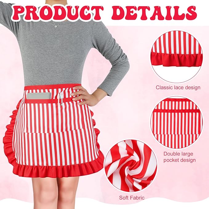 1950s Waiter Costume Kit, Soda Jerk Costume, Red and White Striped Half Apron with 2 Pockets, Chef Hat, Red Bow Ties - Image 4