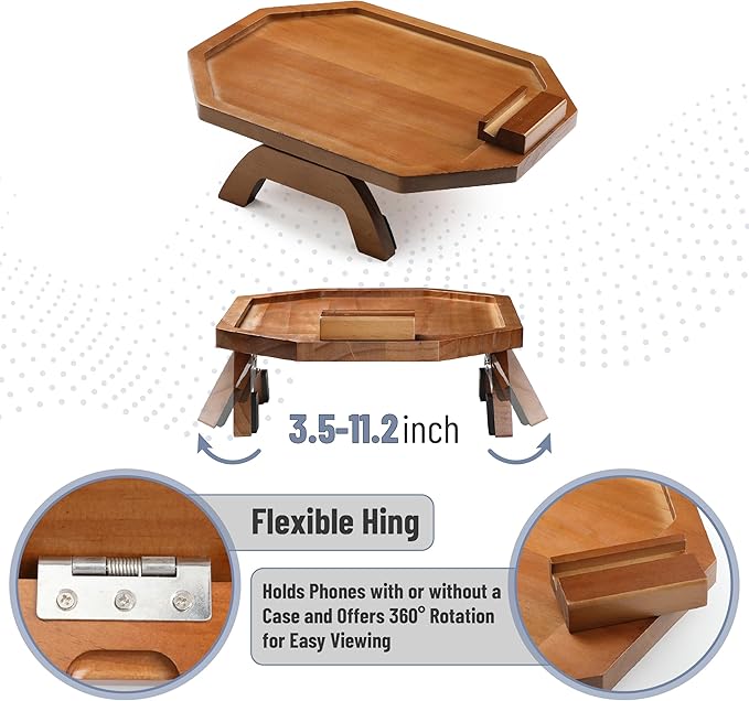 BAMBOO LAND- Couch Arm Tray, Wooden Folding Couch Armrest Table, Octagonal Clip-On Sofa Arm Tray with 360° Rotating Phone Holder
