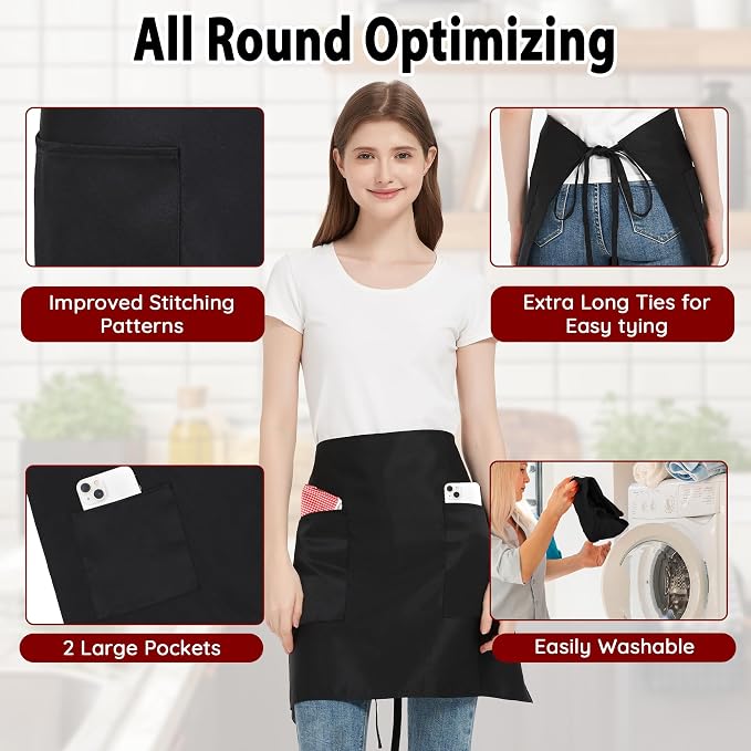 3 Pack Waist Apron with 3 Pockets, Unisex Black Waiter Aprons, Water Resistant Server Aprons for Restaurant Chef Bar - Image 6
