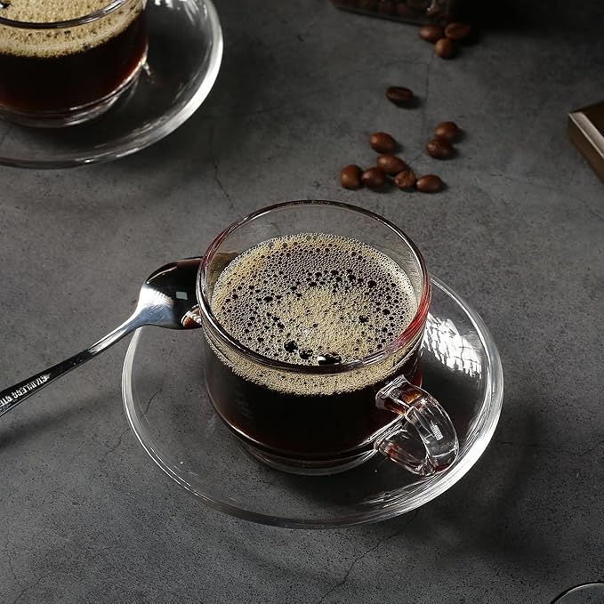 Glass Tea Cups and Saucers Set of 6, Clear Coffee Mugs with Stainless Steel Spoon, Dishwasher & Microwave Safe Teacups for Espresso Cappuccino Latte Tea Juice, 6OZ/180ML