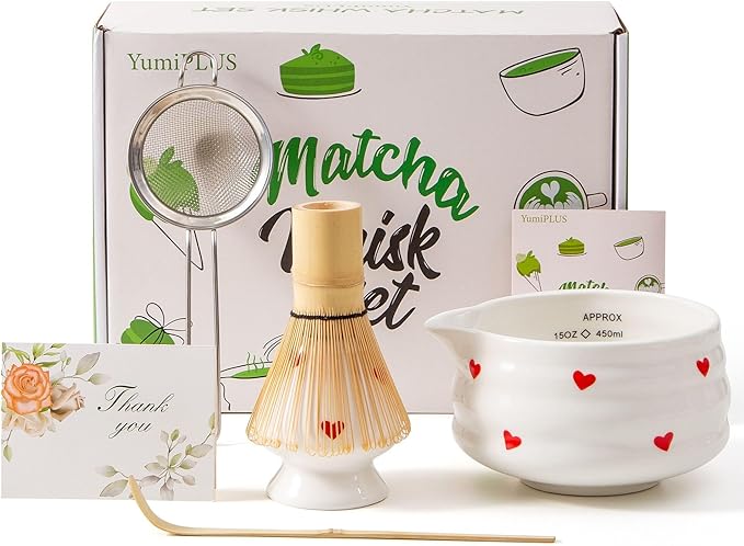5pcs Premium Matcha Set,Ceramic Bowl with Spout and Bamboo Whisk set, Hearts Matcha Kit for breakfast/latte,Tea Starter Making Kit,Valentine Matcha Gift set (love)