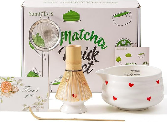 5pcs Premium Matcha Set,Ceramic Bowl with Spout and Bamboo Whisk set, Hearts Matcha Kit for breakfast/latte,Tea Starter Making Kit,Valentine Matcha Gift set (love)
