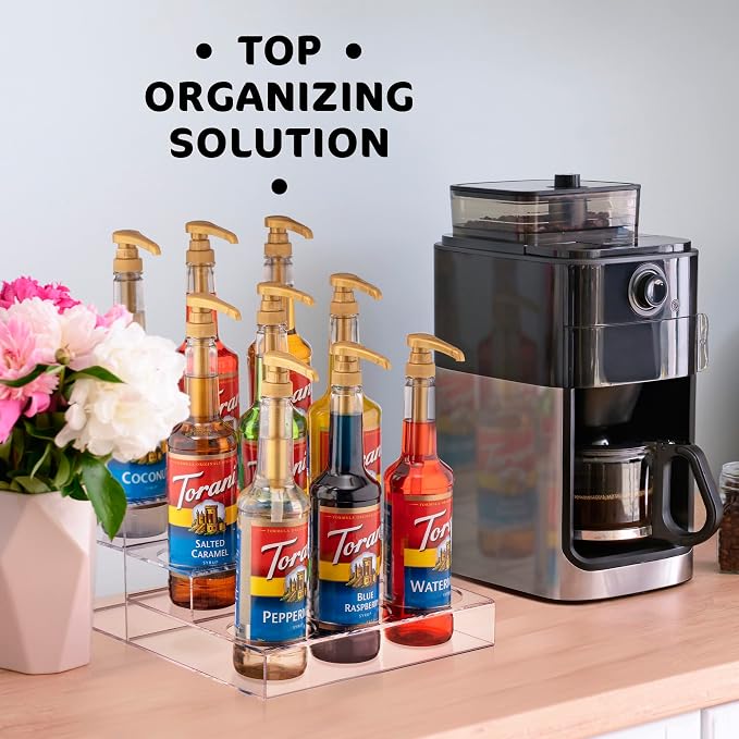 Acrylic Coffee Syrup Organizer Rack | 9 Bottle, 3 Tier Rack | Bar Counter-Top Display Stand | Kitchen, Pantry, Fridge Storage Organizer for Syrups, Wine, Soda, Beer - Image 2