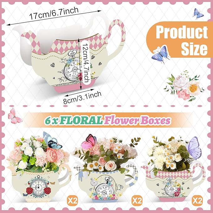 Yinder 6 Pcs Tea Party Decorations Princess Party Flower Boxes Centerpiece Floral Teapot Centerpiece for Floral Tea Themed Birthday Wedding Supplies(Vintage Tea Pot Tea Cup)