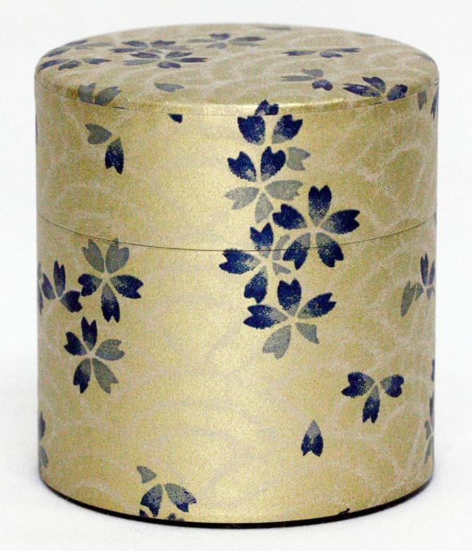 Washi Paper Tea Tin Canister: Wide 3.5oz (100g) Blue and Gold cherry blossoms (#106), Japan
