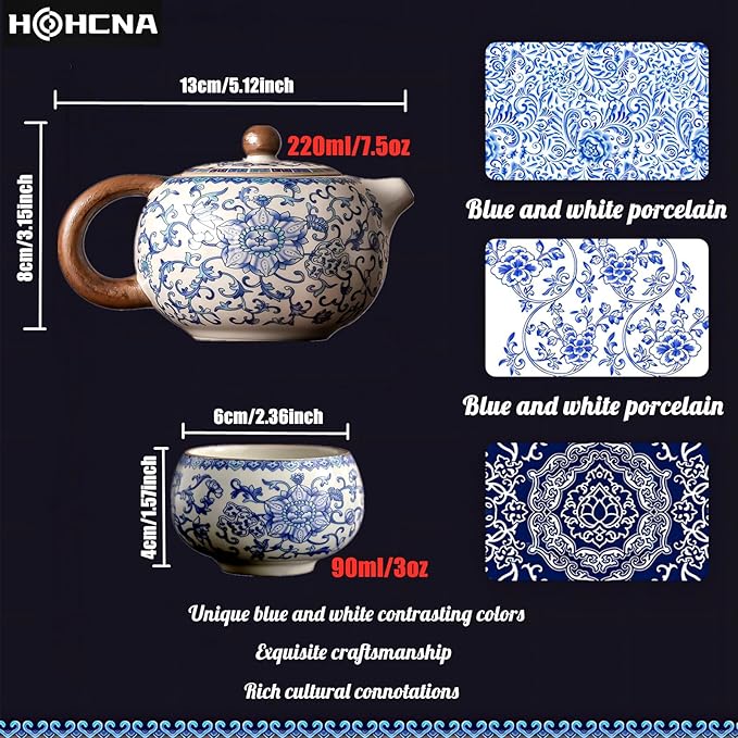 Floral Tea Pot & Tea Cup Set, Classic Blue and White Porcelain, Ice Crack Glaze, Chinese Kungfu Teapot and Teacups Set, Gift Box Packaging
