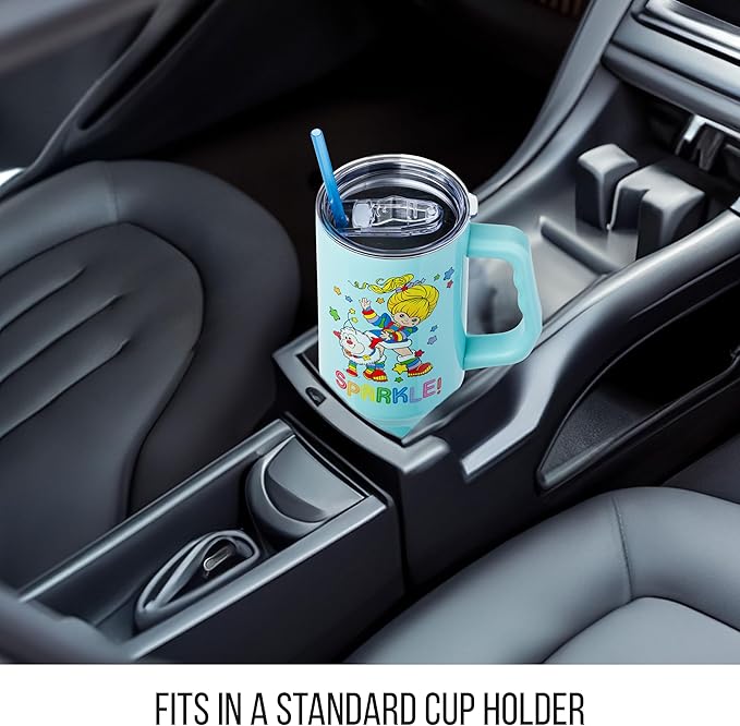 Silver Buffalo Rainbow Brite and Twink Sparkle Double Walled Stainless Steel Tumbler with Handle and Straw, Fits in Standard Cup Holder, 40 Ounces