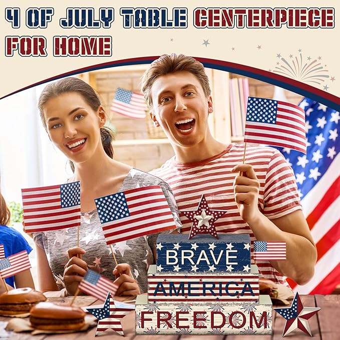 Geelin 6 Pieces 4 of July Table Decorations Patriotic Memorial Day Wooden Block Signs Red White Blue Tabletop Centerpieces Farmhouse Independence Day Tiered Tray Decor for Home 250th Anniversary