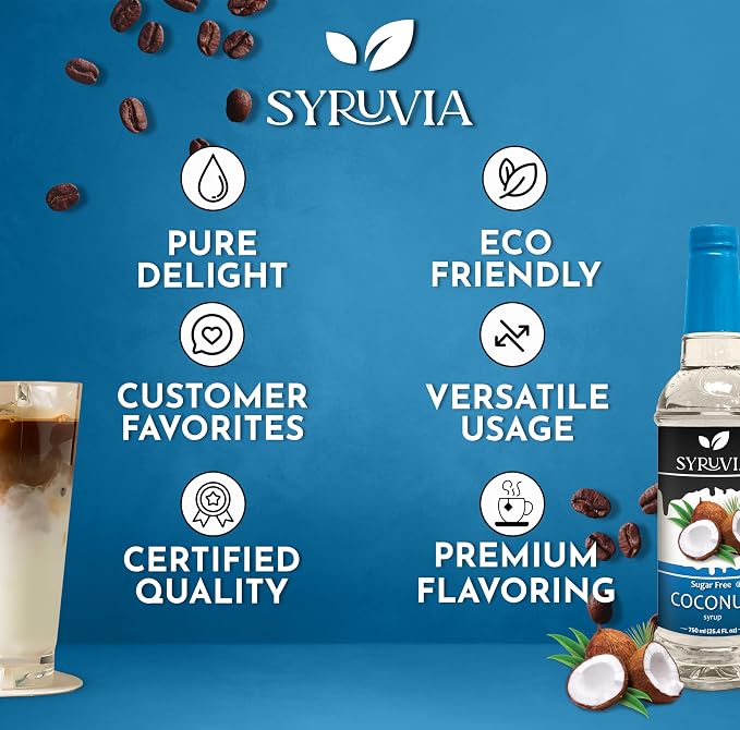 Syruvia Sugar Free Coffee Syrup, Coconut Flavored Syrup for Drinks, Lattes, and Desserts – 25.4 fl oz, With Pump - Image 5