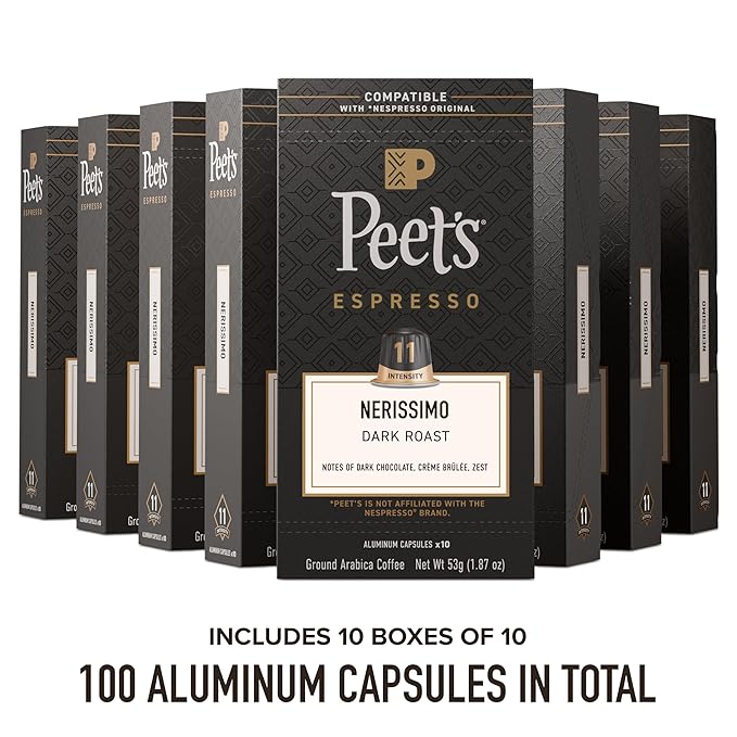 Peet's Coffee, Dark Roast Espresso Capsules, Compatible with Nespresso Original Machine, 100% Arabica Coffee - Nerissimo Intensity 11, 100 Count (10 Boxes of 10 Espresso Capsules)