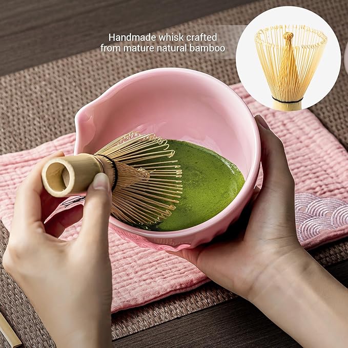 Matcha Whisk Set, 7Pcs Pink Matcha Kit Includes Ceramic Bowl, Whisk and Holder, Bamboo Scoop, Scoop Rest, Sifter and Tea Towel