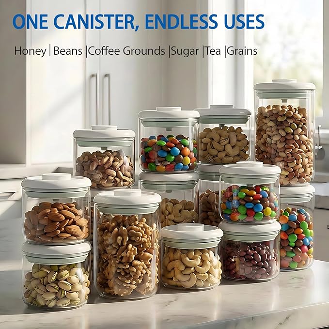 Airtight Food Storage Canisters with Lids - 20 fl oz Leakproof Clear Glass Jars for Cookie, Oat, Pasta, Tea, Coffee Bean & Sugar, Multipurpose Kitchen Canister Set, Ideal Gift