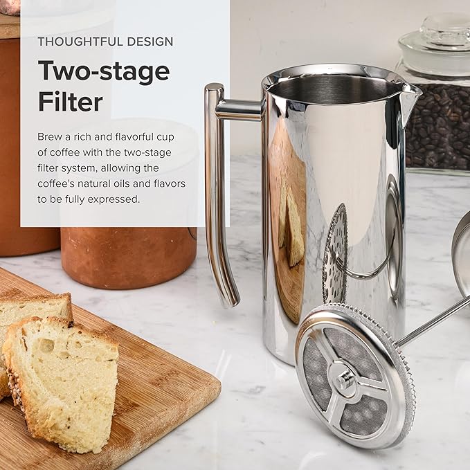 Frieling Double-Walled Stainless Steel French Press Coffee Maker - 36 oz Polished & Insulated Press Pot - Stainless Steel Coffee Maker