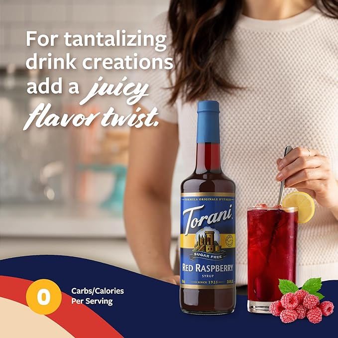 Torani Sugar Free Syrup, Red Raspberry, Dairy Friendly Flavoring for Drinks, Zero Calorie, Glass Bottle with Pump Included, 25.4 Fl Oz