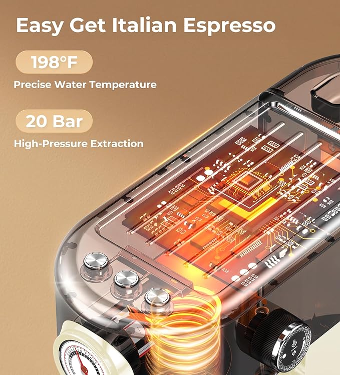 20 Bar Espresso Machine with Milk Frother, Compact Espresso Maker, Stainless Steel Coffee Machine with Precise Temp Control & 44oz Removable Water Tank for Latte, Cappuccino, Creamy White