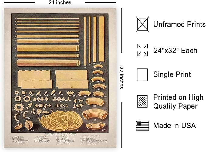 Poster Master Vintage Food & Drink Poster - Retro Pasta Print - Varieties of Pasta Art - Gift for Him, Her, Chef, Cook - Great Decor for Restaurant, Kitchen, Dining Room, 24x32 Unframed Wall Art
