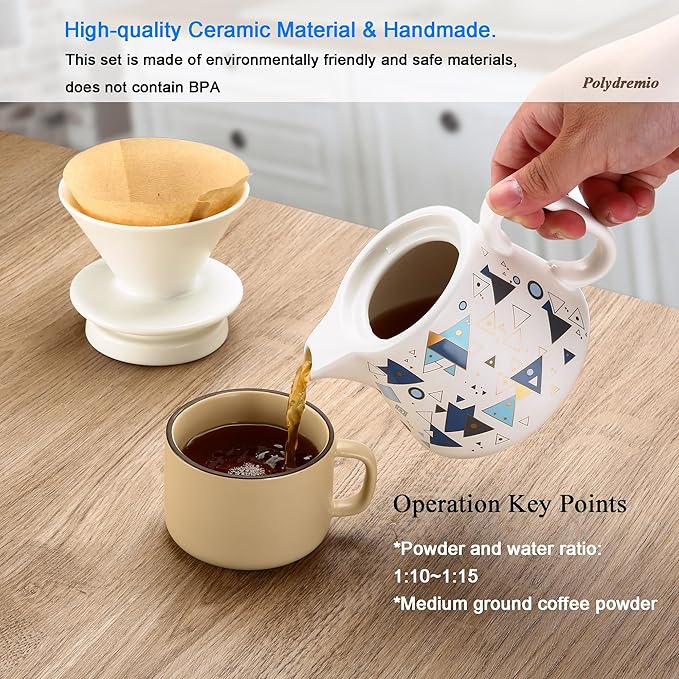 Pour Over Coffee Maker, Ceramic Coffee dripper with 100 pcs Paper Filter, Ceramic coffee Server with Lid, 15.5oz/450 ml, Suitable for 1-2 people (White A)