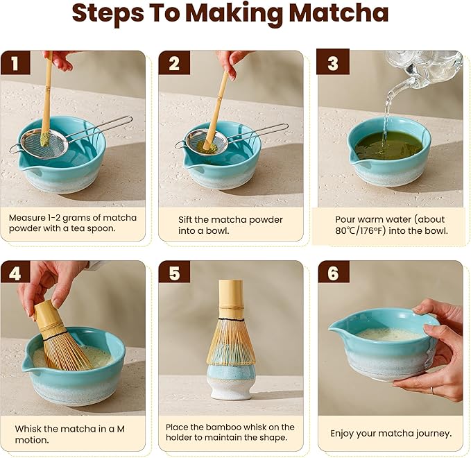 Matcha Whisk Set, Ceramic Matcha Kit Desert Style, Matcha Whisk and Bowl, Bamboo Scoop and Rest, Sifter and Tea Towel, 7 Pcs Gifts for Matcha Lover - Mint Green