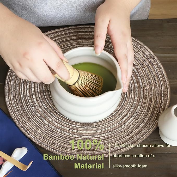 White Matcha Whisk Set, Ceramic Matcha Kit Set Valentine Gift Present Includes Matcha Bowl, Matcha Whisk and Holder, Bamboo Scoop, Scoop Rest, Sifter and Tea Towel - 7 Pcs Matcha Kit for Matcha Lovers