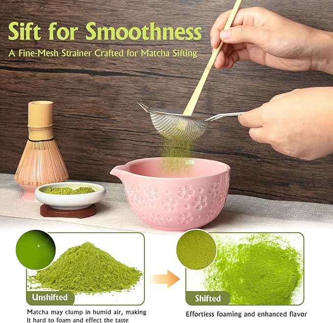 Matcha Whisk Tea Set Kit: Japanese Matcha Kit - Ceramic Bowl Bamboo Whisk Chasen Holder spoon Measuring Scoop Sifter - Traditional Practical for Tea Ceremony Breakfast Lattes - Home Kitchen Christmas
