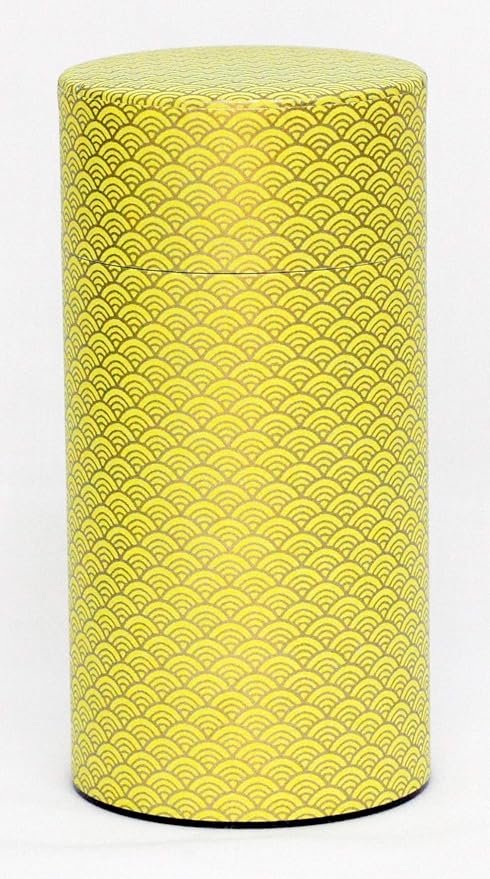 Washi Paper Tea Tin Canister: Long 7oz (200g) Bright yellow waves with gold outlines (#87), Japan