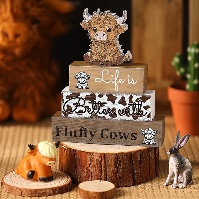 Geelin 4 Pcs Highland Cow Table Decorations Cow Wooden Signs Rustic Tiered Tray Decor Western Tabletop Centerpieces Farmhouse Highland Decor for Home Desk Room Kitchen Shelf