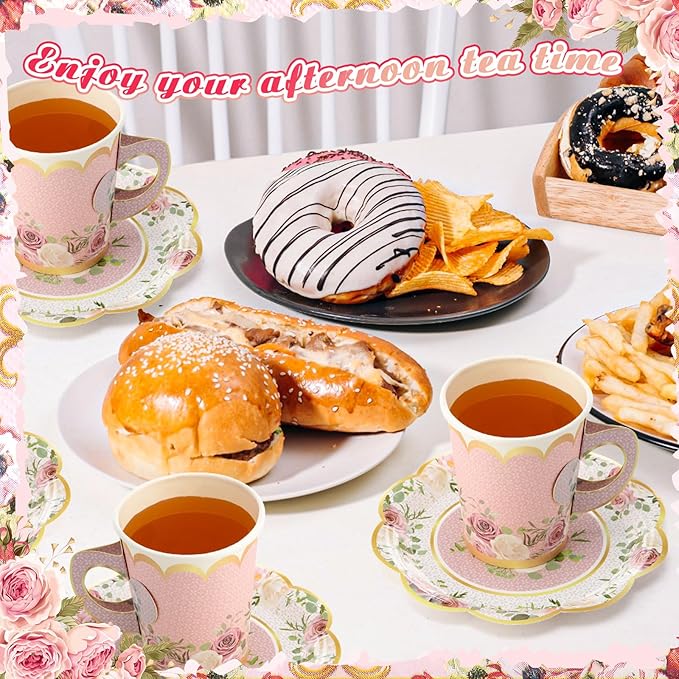 Vesici 150 Pcs Floral Tea Party Decorations for Table 9 oz Disposable Paper Tea Cups with Handles Plates, Saucers and Napkins Set for Spring Party Girl Birthday Wedding Mothers Day(Classic Style)