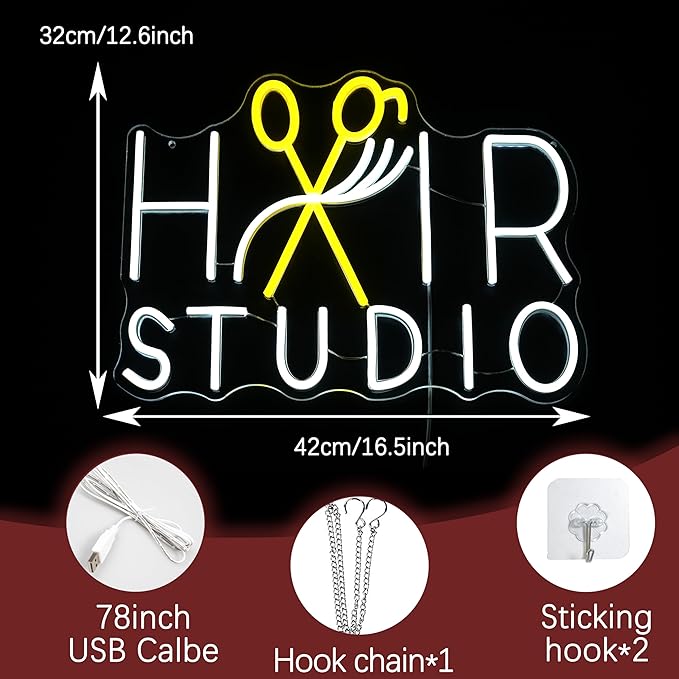Hair Studio Neon Sign for Wall Decor Usb Powered Stylish Hair Salon Led Sign Dimmable Beauty Salon Light Up Sign Haircut Neon Light for Barber Shop Beauty Shop (16.54 * 12.6 in)