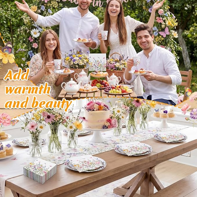 Pickmesh 252 Pcs Baby in Bloom Tea Party Supplies for 36 Guests Wildflower Paper Disposable Dinnerware Flower Teacup with Handle and Saucers Set for Tea Party Decorations Birthday Baby Shower Wedding