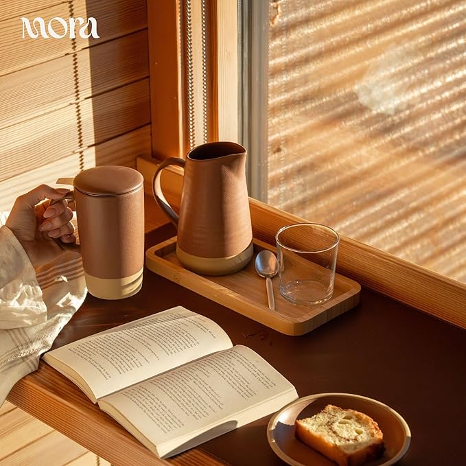 MORA Ceramics Large Tea Mug with Loose Leaf Infuser and Ceramic Lid, 18 oz, Portable, Microwave, Dishwasher Safe, Tall Coffee Cup - Rustic Matte Ceramic Glaze, Modern Herbal Tea Strainer, Terracotta