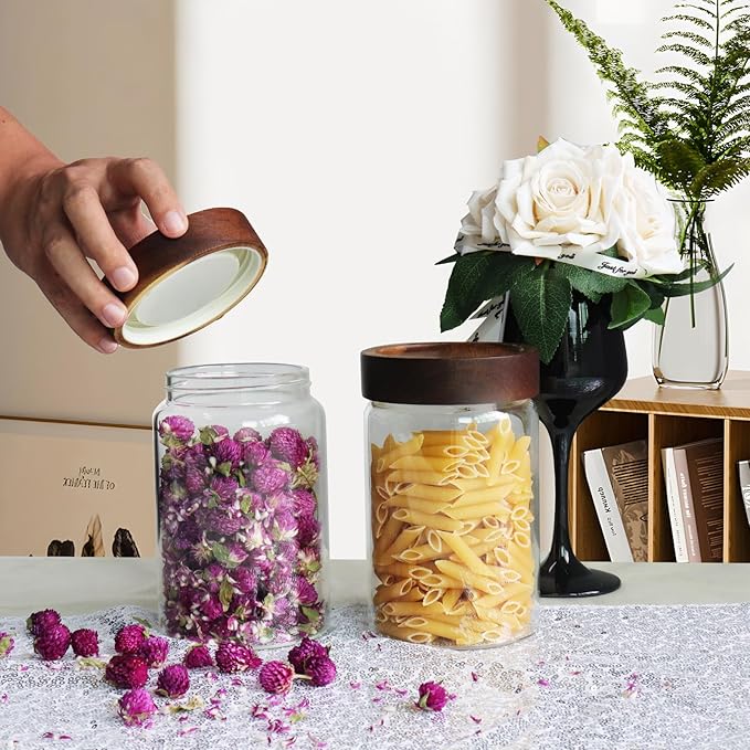 Glass Coffee Jars Spice Jar Round Storage Canister with Wooden Lid Clear Glass Food Jar for Pantry Sugar Tea Coffee Bean Spice Nuts Cookies Bath Salts (900ml/30oz-1 pack)