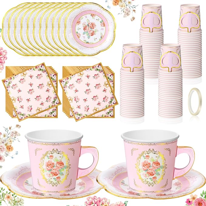Umigy 36 Sets Tea Party Decorations 6.5 oz Floral Paper Tea Cups with Plates Paper Napkins Disposable Blossom Teacups and Saucers Sets for Girls Birthday Party Supplies(Pink)
