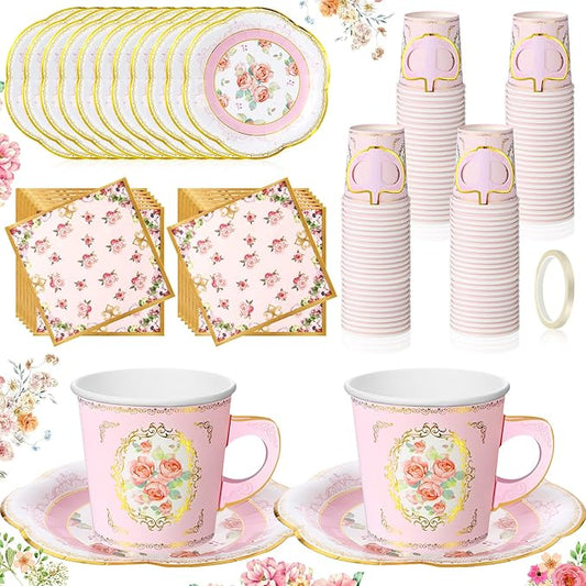 Umigy 36 Sets Tea Party Decorations 6.5 oz Floral Paper Tea Cups with Plates Paper Napkins Disposable Blossom Teacups and Saucers Sets for Girls Birthday Party Supplies(Pink)