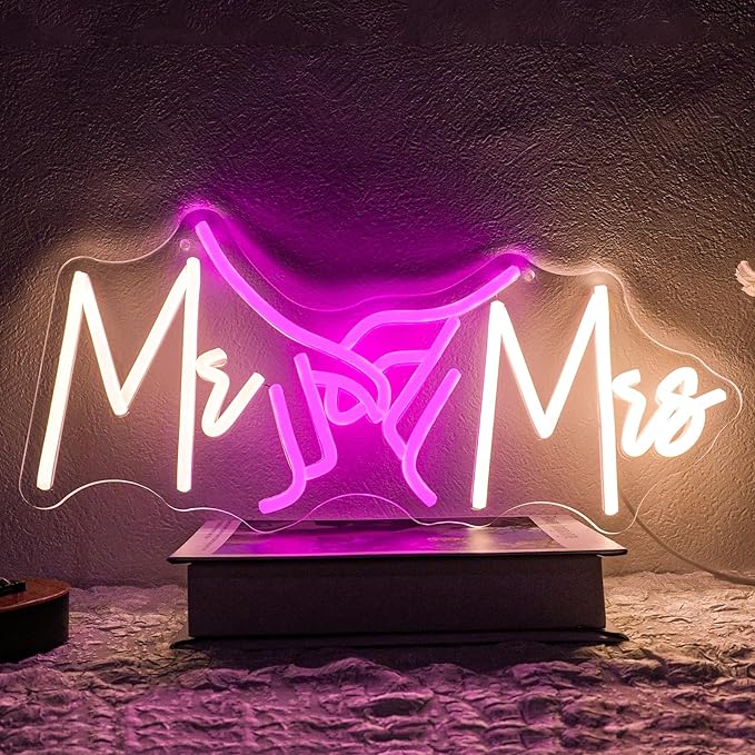 Mr and Mrs Neon Sign Dimmable for Wedding Decor Hand in Hand Neon Light Sign Mr & Miss Led Signs for Bridal Shower Anniversary Party Engagement Valentines Day Gift 16.5" x 7.8"
