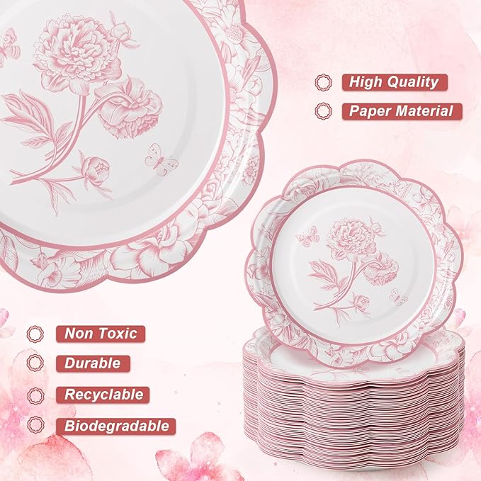 100 Sets Pink Floral Paper Tea Cups and Saucers Disposable Paper Tea Party Supplies 9 oz Cups with Handle and Saucer for Birthday Wedding Party Decorations