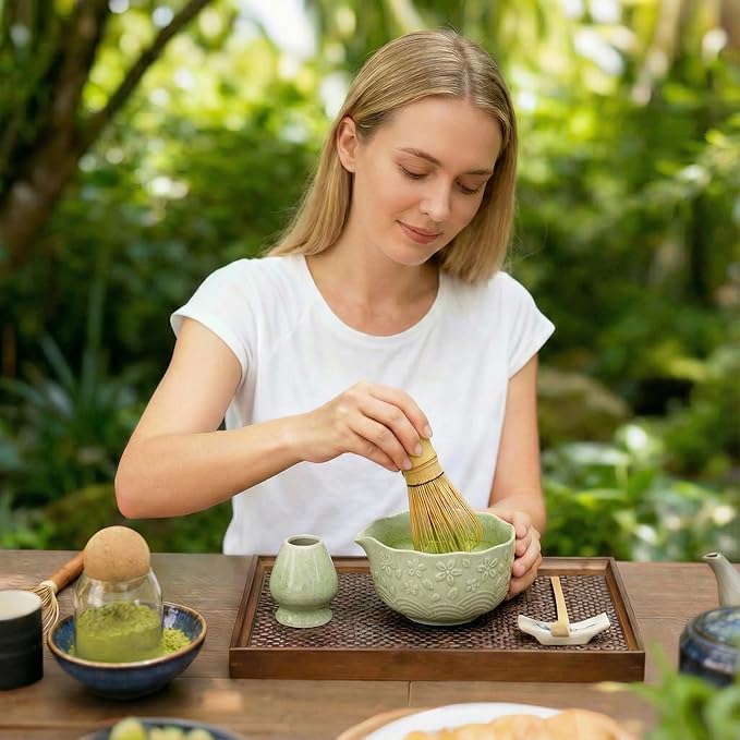Matcha Whisk Set, 5 Pcs Ceramic Matcha Set, Matcha Kit Set Includes Matcha Bowl, Matcha Whisk and Holder, Bamboo Scoop and Sifter, Matcha Tea Set, Ideal Gift for Family/Friend (Cyan)