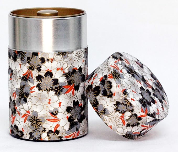 Washi Paper Tea Tin Canister: Long 3.5oz (100g) Cherry Blossoms - Butterfly Effect (#102), Japan