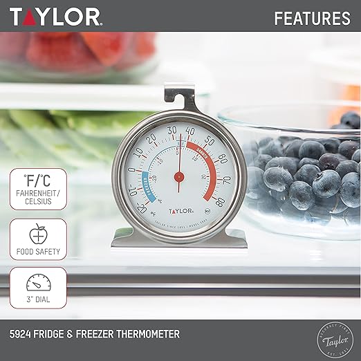 Taylor Large Dial Refrigerator Freezer Thermometer 2 Pack, 3 Inch Stainless Steel Fridge and Cooler Thermometer, Kitchen Appliance Temperature Gauge, Silver