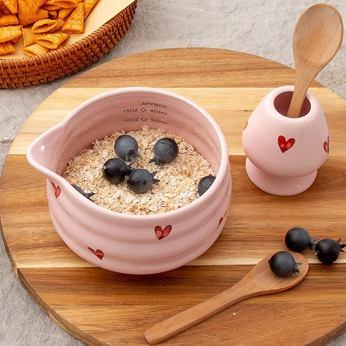 2pcs Matcha Bowl with Whisk Holder, Ceramic Pink Matcha Bowl with Spout, 16.5OZ Porcelain Bowl with Measurement Marks, Tea Mixing Bowl with Whisk Stand, Cute Valentine Gift (pink love)