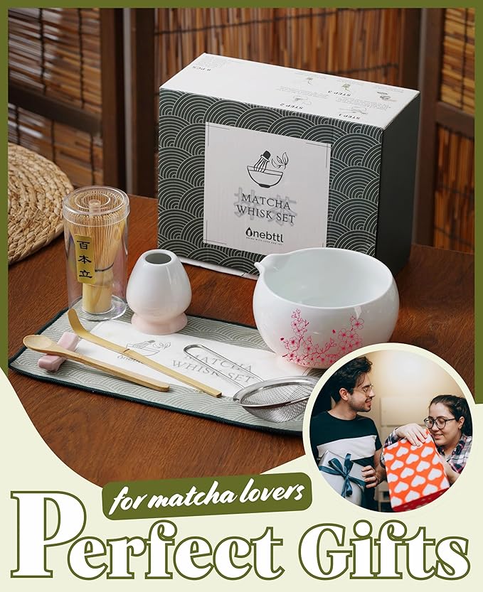 Onebttl Matcha Whisk Set Gift with Sakura Pattern, 8 Pcs Ceramic Matcha Kit Set Includes Matcha Bowl, Matcha Whisk and Holder, Bamboo Spoon and Scoop, Scoop Rest, Sifter and Tea Towel - Pink&Sakura