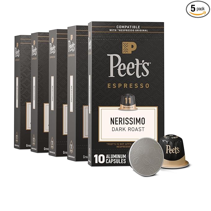 Peet's Coffee, Dark Roast Espresso Capsules, Compatible with Nespresso Original Machine, 100% Arabica Coffee - Nerissimo Intensity 11, 50 Count (5 Boxes of 10 Espresso Capsules)
