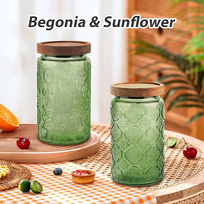 Glass Jar with Lid, Vintage Glass Storage Jars with Airtight Lid Coffee Canister Sugar Container for Kitchen Counter Pantry, Spice, Candy, Coffee Beans, Tea, Oats (34FL OZ Begonia Green)