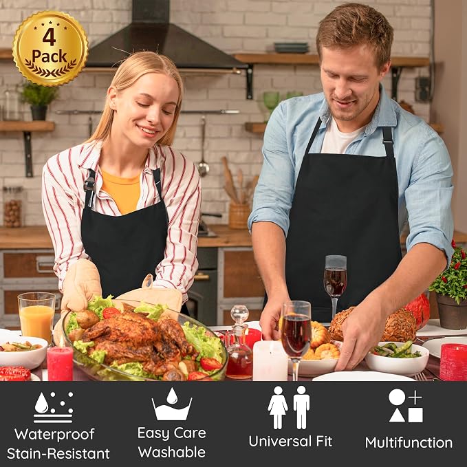 4 Packs Chef Apron, Black Waterproof Apron, Adjustable Aprons with 2 Pockets for Men Women, Professional Aprons for Kitchen Cooking Gardening Painting Baking Restaurant (Black) - Image 6