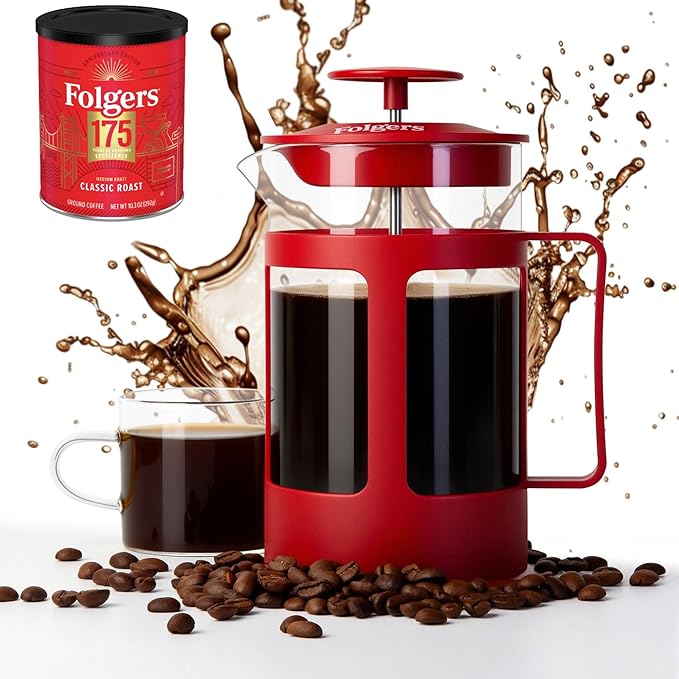 LORD'S ROCKS Folgers Coffee French Press – 600ml Heat-Resistant Glass Coffee Maker with Stainless Steel Filter, Durable Red Frame & Handle, Easy Brewing for Fresh, Bold Flavor