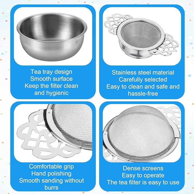 6 Pack Tea Filter Strainers Stainless Steel Loose Tea Infusers 2.5 Inch Tea Steeper with Double Wing Extender and Drip Bowl Sliver Small Fine Mesh Tea Strainers for Loose Tea Juice Coffee Filter